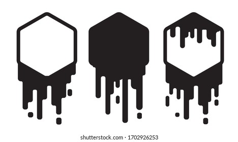 Set of dripping paint stickers. Current liquid stains, inks. Paints flows. Melted hexagon shapes. Vector illustration isolated. Transparent background.