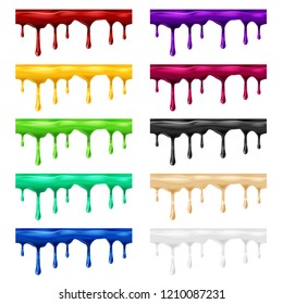 Set Dripping seamless different colours, dripps, liquid drop and splash, blood repeatable isolated on white, vector and illustration.