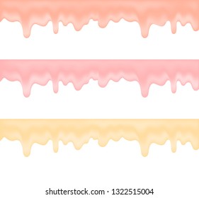 A set of dripping yogurt. Peach, raspberry and banana yogurts.