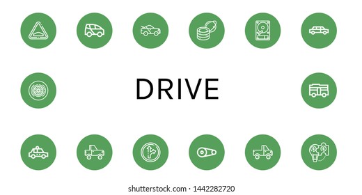 Set of drive icons such as Hump, Electric car, Racing car, Global server, Hard disk, Limousine, Taxi, Jeep, Traffic sign, Pulley, Hybrid solution, Wheel, Bus , drive