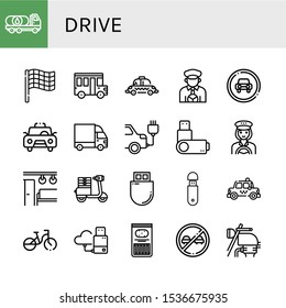 Set Of Drive Icons. Such As Oil Truck, Race Flag, School Bus, Taxi, Taxi Driver, Traffic Sign, Cargo Truck, Electric Car, Usb Flash Drive, Electric Train, Moped , Drive Icons