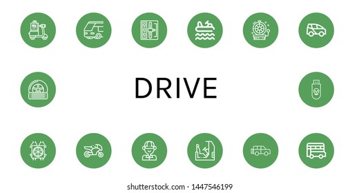Set of drive icons such as Scooter, Bus, Shift stick, Bumper, Wheel, Electric car, Pizza deliver, Motorcycle, Golfer, Racing, Jeep, Tyre, Usb , drive