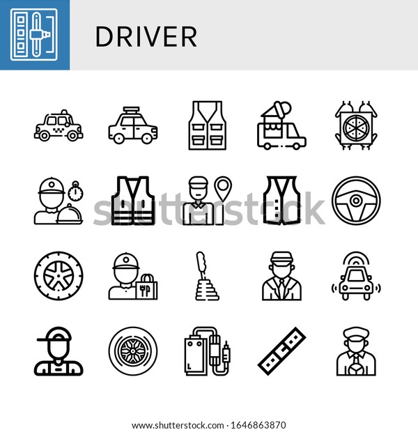 Set\
of driver icons. Such as Shift stick, Taxi, Vest, Ice cream truck,\
Pizza deliver, Delivery man, Steering wheel, Wheel, Delivery guy,\
Gearstick, Chauffeur, Autonomous car , driver\
icons