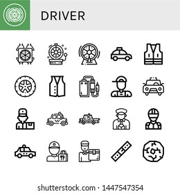 Set of driver icons such as Wheel, Pizza deliver, Taxi, Vest, Pedal, Delivery boy, Delivery man, Taxi driver, Racer, Delivery guy, Belt , driver