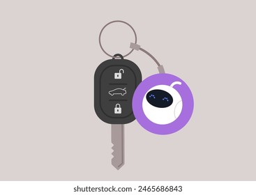 A set of Driverless car keys accompanied by a circular keychain featuring an adorable robot driver icon