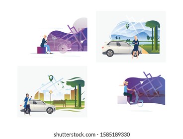 Set of drivers standing at vehicles outside and using cellphones. Flat vector illustrations of women driving car in VR glasses. Car rent concept for banner, website design or landing web page