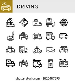 Set Of Driving Icons. Such As Delivery Truck, Ice Cream Truck, Stop Sign, Food Truck, Rudder, Golf Stick, Van, Police Car, Jam , Driving Icons