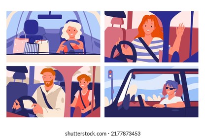 Set of driving people in personal car. Driver and passenger seat, private auto transportation, urban city commuting, women riding vehicles, daily road trip vector illustration