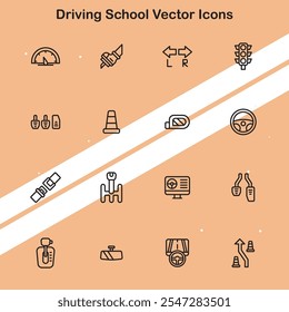 Conjunto de iconos de la escuela de conducción que ilustran las lecciones de conducción y la seguridad vial ideal para temas de educación y transporte.