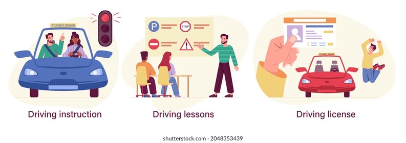 Set of driving school process with instructor and students. Driving lessons and instruction, driving license, passing test, ID card, exam preparation. Flat cartoon vector ilustration