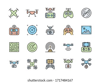Set of Drone Color Line Icons. Remote Controller, Propeller, Camera and more.