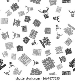 Establezca el concepto de entrega de drones, componentes de bots, robots y computadoras electrónicas motherboard chip digital en un patrón sin problemas. Vector