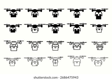 Conjunto de ícones de entrega de drone em vários estilos - preto e símbolos de vetor de contorno de quadcóptero com pacote
