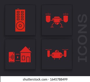 Set Drone flying with action camera, Remote control, Drone flying with action camera and Smart home icon. Vector
