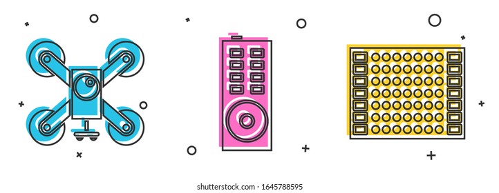 Set Drone flying with action camera, Remote control and Printed circuit board PCB icon. Vector