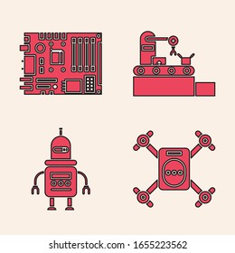 Set Drone flying with action camera, Electronic computer components motherboard digital chip, Factory conveyor system belt and Robot icon. Vector