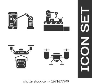 Ajuste el vuelo de drones con cámara de acción, Máquina industrial robótica mano brazo robot, concepto de entrega de drones e icono de cinturón de sistema transportador de fábrica. Vector