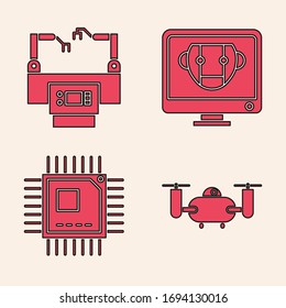 Set Drone flying with action camera, Assembly line, Bot and Processor with microcircuits CPU icon. Vector