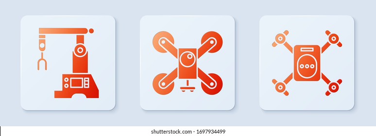 Set Drone flying with action camera, Assembly line and Drone flying with action camera. White square button. Vector