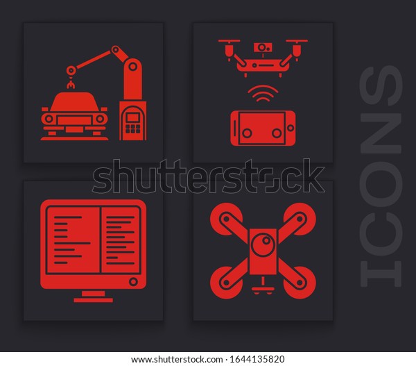 Set Drone flying with action camera, Industrial\
machine robotic robot arm hand, Remote aerial drone and Computer\
monitor screen icon.\
Vector