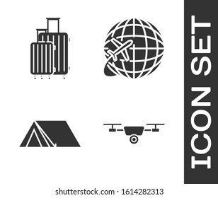 Set Drone flying with action video camera, Suitcase for travel, Tourist tent and Globe with flying plane icon. Vector