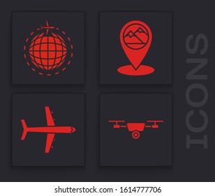 Set Drone flying with action video camera, Globe with flying plane, Map pointer with mountain and Plane icon. Vector