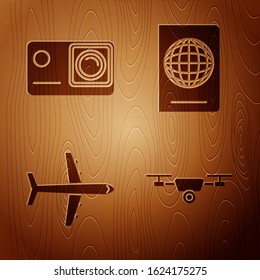 Set Drone flying with action video camera, Action extreme camera, Plane and Passport with biometric data on wooden background. Vector