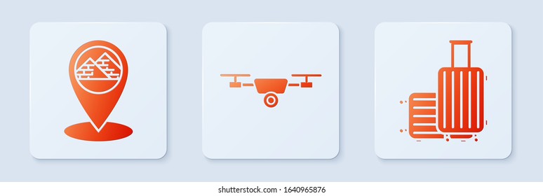 Set Drone flying with action video camera, Map pointer with Egypt pyramids and Suitcase for travel. White square button. Vector