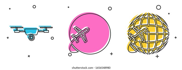 Ajuste el vuelo de drones con cámara de video acción, Globe con avión volador y Globe con icono de avión volador. Vector