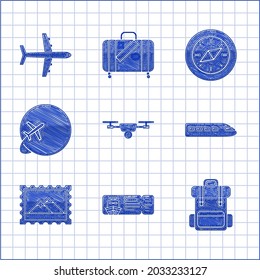 Set Drone flying with action video camera, Cruise ticket for traveling by ship, Hiking backpack, Train, Postal stamp and Mountains, Globe plane, Compass and Plane icon. Vector