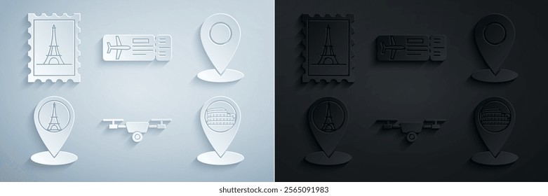 Set Drone flying with action video camera, Map pin, pointer Eiffel tower, Coliseum Rome, Italy, Airline ticket and Postal stamp and icon. Vector