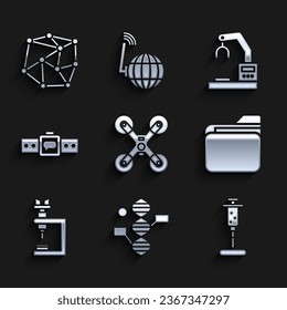 Set Drone flying, DNA symbol, Syringe, Document folder, Microscope, Smartwatch, Robotic robot arm hand factory and Neural network icon. Vector