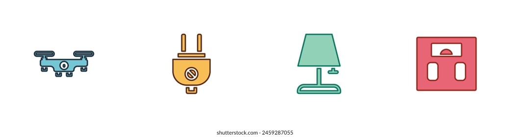 Set Drone fliegen, Elektrischer Stecker, Tischlampe und Badezimmer Waage Symbol. Vektorgrafik