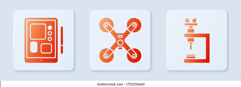 Set Drone flying, Graphic tablet and Microscope. White square button. Vector