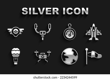 Set Drone flying, Jet fighter, Cone meteorology windsock, Worldwide, Hot air balloon, Barometer, Aviation emblem and Aircraft steering helm icon. Vector