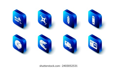 Set Drone flying, Longboard or skateboard, Skateboard trick, Action extreme camera, Ambulance and emergency car, Motocross motorcycle helmet, Helmet and Snowmobile icon. Vector