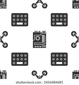 Set Drone flying, Motherboard and Pills in blister pack on seamless pattern. Vector