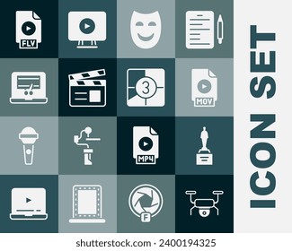 Set Drone flying, Movie trophy, MOV file document, Comedy theatrical mask, clapper, Video recorder laptop, FLV and Old film movie countdown frame icon. Vector