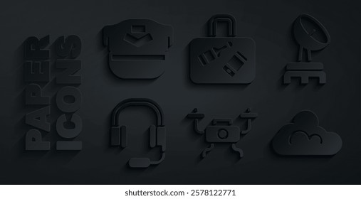 Set Drone flying, Radar, Headphones with microphone, Cloud weather, Suitcase and Pilot hat icon. Vector