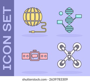 Set Drone flying, Social network, Smartwatch and DNA symbol icon. Vector