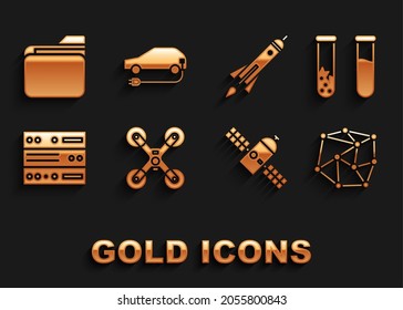 Set Drone flying, Test tube and flask, Neural network, Satellite, Server, Data, Web Hosting, Rocket ship with fire, Document folder and Electric car icon. Vector