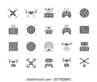 Set of Drone Grey Icons. Remote Controller, Propeller, Action Camera and more.