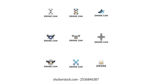 Definir logotipo de fotografia de lentes de câmera de helicóptero de drone. Drone com obturador de câmera ou logotipo de abertura.