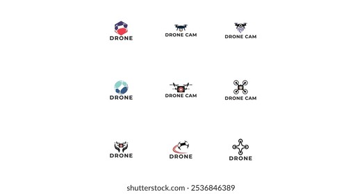 Definir logotipo de fotografia de lentes de câmera de helicóptero de drone. Drone com obturador de câmera ou logotipo de abertura.