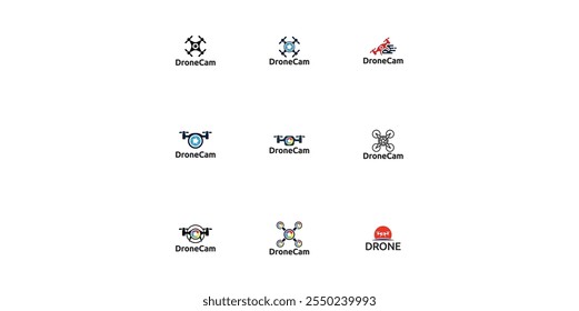 Definir logotipo de fotografia de lentes de câmera de helicóptero de drone. Drone com obturador de câmera ou logotipo de abertura.