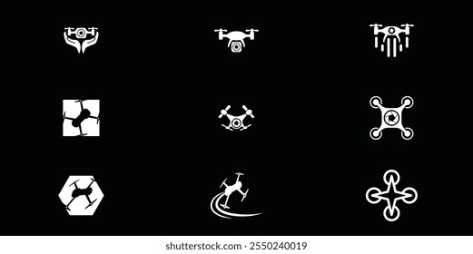 Definir logotipo de fotografia de lentes de câmera de helicóptero de drone. Drone com obturador de câmera ou logotipo de abertura.