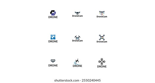 Definir logotipo de fotografia de lentes de câmera de helicóptero de drone. Drone com obturador de câmera ou logotipo de abertura.