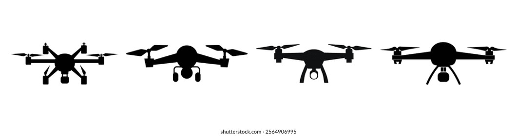 Set of Drone icon, silhouette, outline, vector, illustration, isolated on a white background