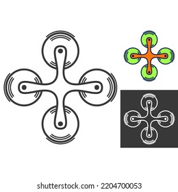 Set of drone icons in black, white and color version. Flat simple outline air quad copter logo