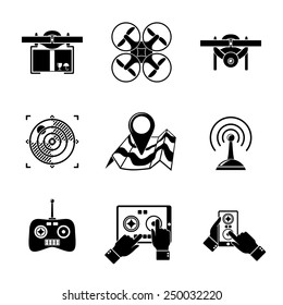 Set of drone icons - drone with box, drone top view, surveillance drone, navigation, map, controllers, tablet and smartphone apps. Vector